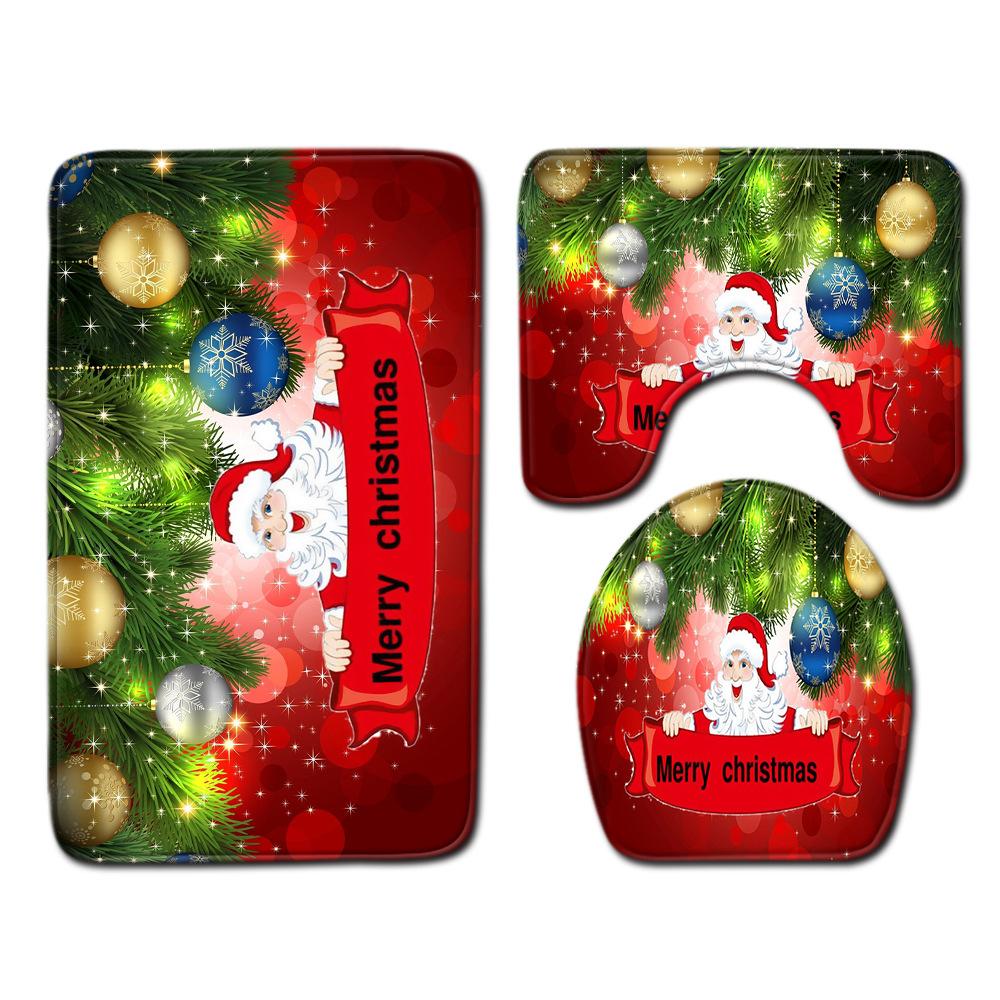 Christmas Shower Curtain Floor Mat Combination Four-Piece Set Bathroom Toilet Carpet Shower Room Mat Foot Mat