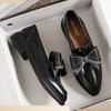 Fashion Pointed Toe Bowknot Leather Shoes Woman Glitter Crystal Loafers Spring Autumn Thick Heel Oxford Shoes Woman Flats Big Size 43