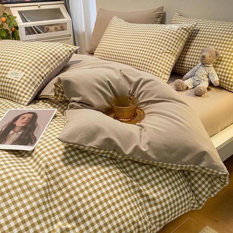 Простыня в клетку из четырех предметов и пододеяльник в японском стиле в скандинавском стиле, набор из трех предметов из стираного хлопка с начесом