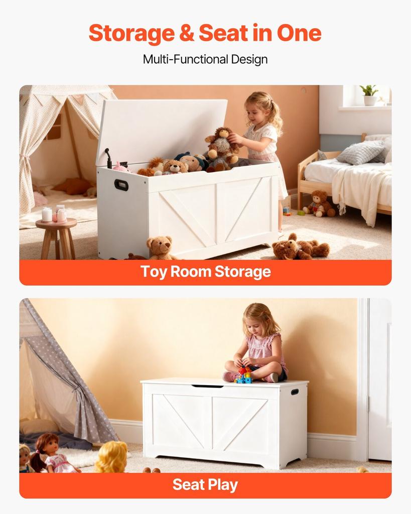 Kids Storage Bench, Wooden Toy Box Chest, Large Storage Cabinet with Safety Hinge, Toddlers Storage Bench for Playroom, Living Room or Entryway, Easy