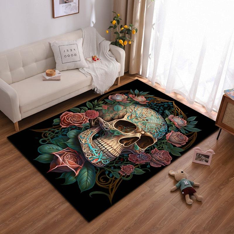 Decorative Artistic Skull Pattern Rug with Roses and Floral Design Suitable for use as an anti-slip for living room bedroom sofas