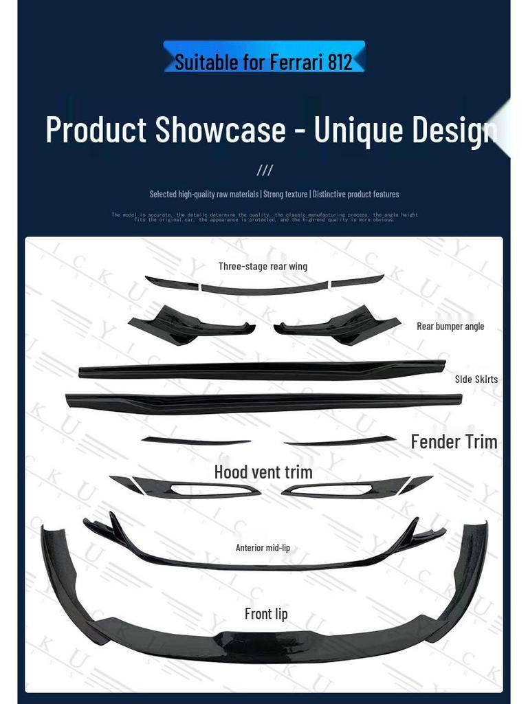 Fits Ferrari 812 N Models: Real Carbon Fiber Front Lip, Side Skirts, Center Lip, Rear Bumper Corners, Tail Wing Trim, Mirror Housings.