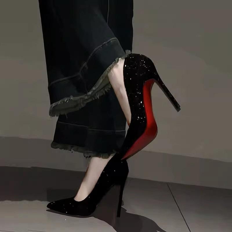 Черные туфли на высоком каблуке с красной подошвой, женские туфли-шпильки, осень-зима 2025, новые свадебные туфли с блестками и кристаллами, остроносые, профессиональные, сексуальные, одинарные туфли