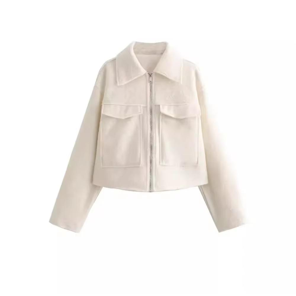 Autumn New Product Women's Fashion and Casual Versatile Polo Collar Long Sleeve Zipper Short Jacket Coat