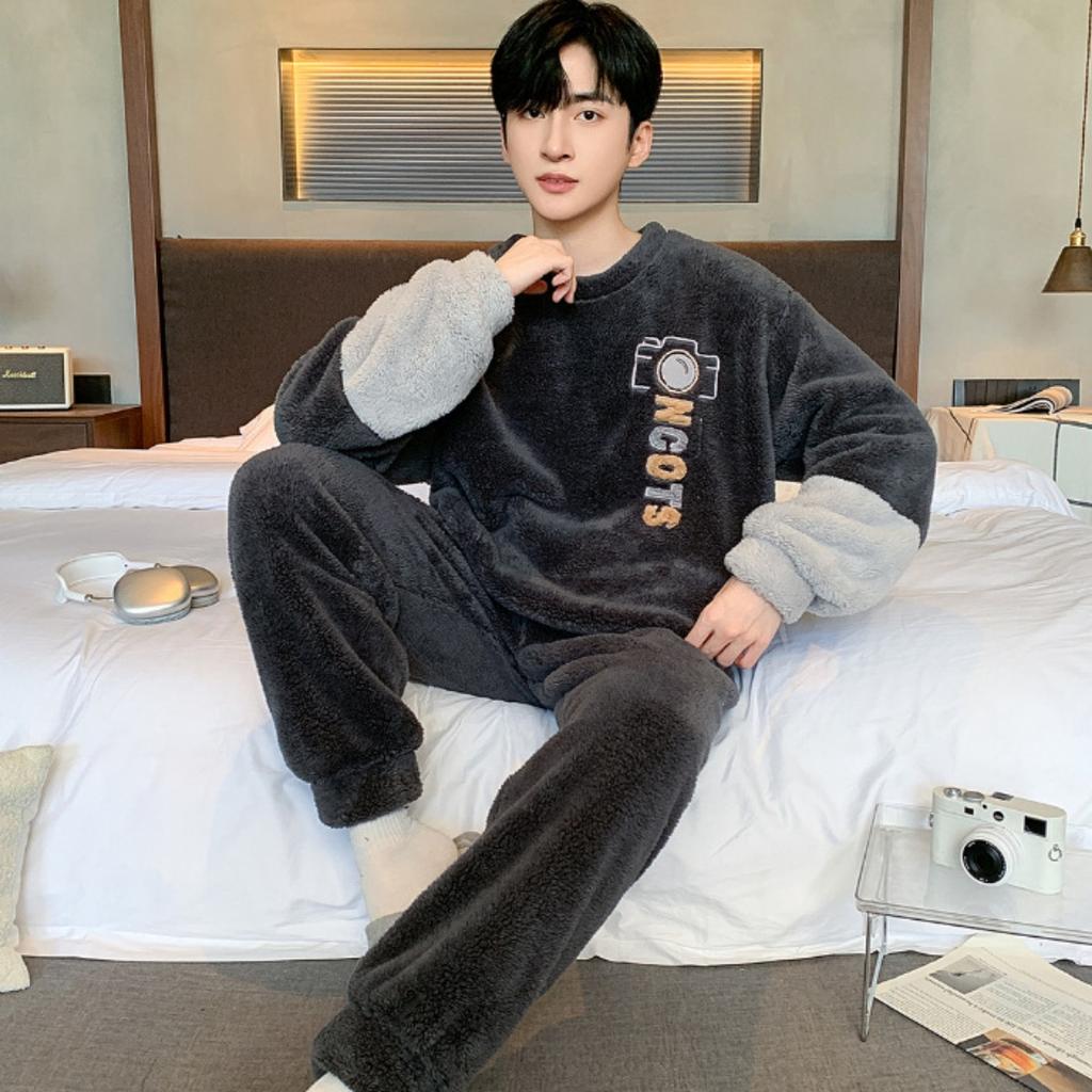 Зимняя одежда, коралловый флис, пижамы, мужская одежда, утепленный флис, круглый вырез, брюки с длинными рукавами, костюмы, домашняя одежда