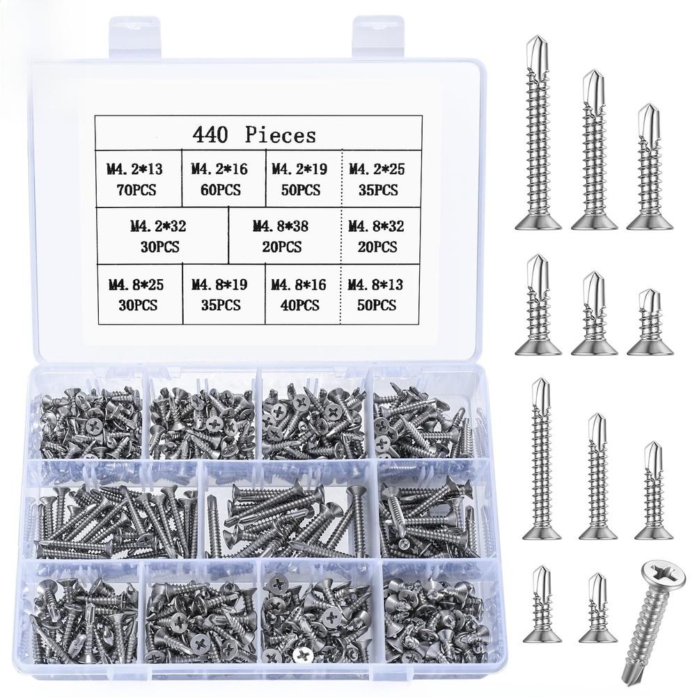 Self Drilling Screws Self-drilling Fasteners Silver 410 Stainless Screws Multiple Lengths Included Silver Finish