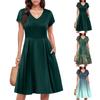 Women's Dress V Neck Sleeve Summer Dress Pleated Elastic Waist A-Line  Dress
