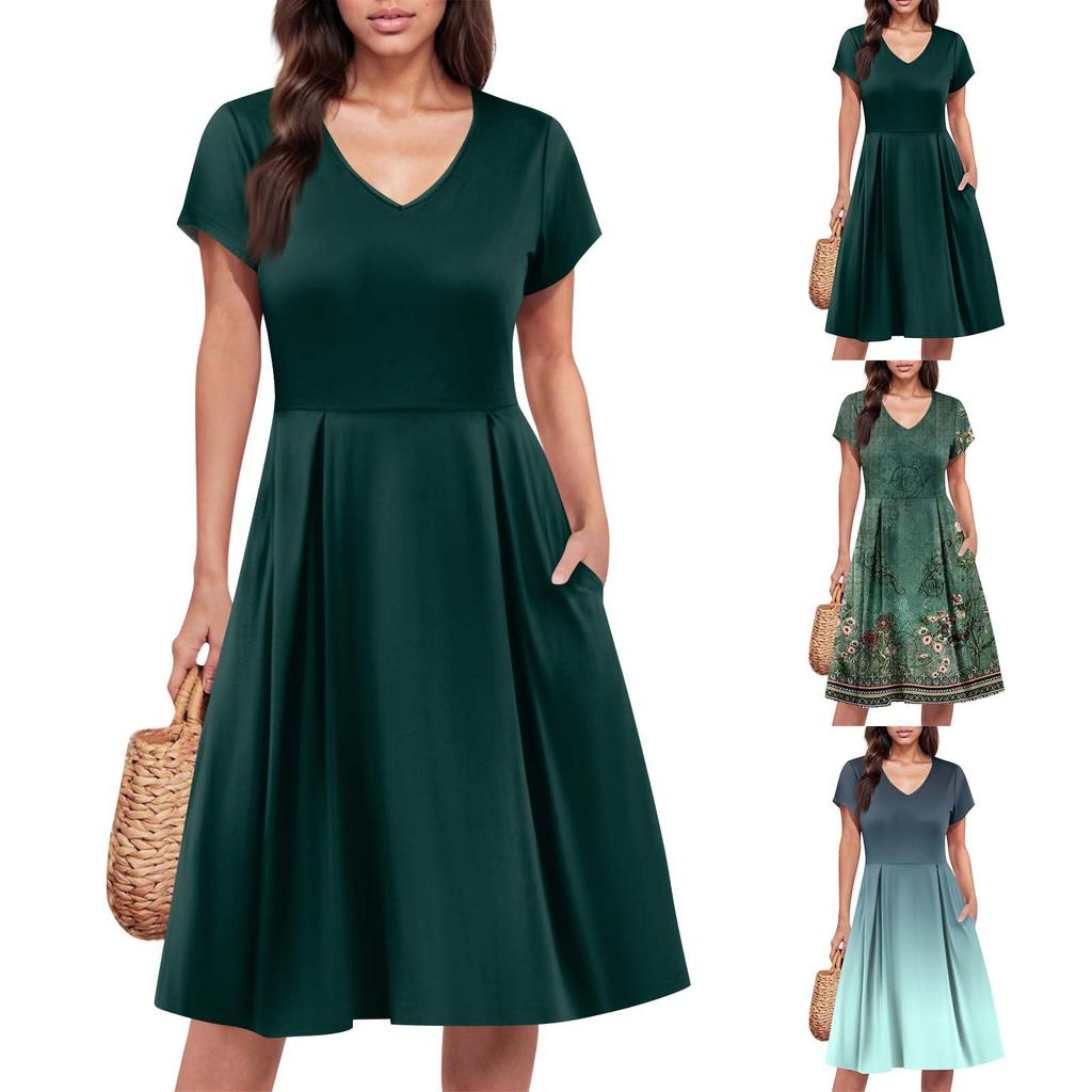Women's Dress V Neck Sleeve Summer Dress Pleated Elastic Waist A-Line Dress