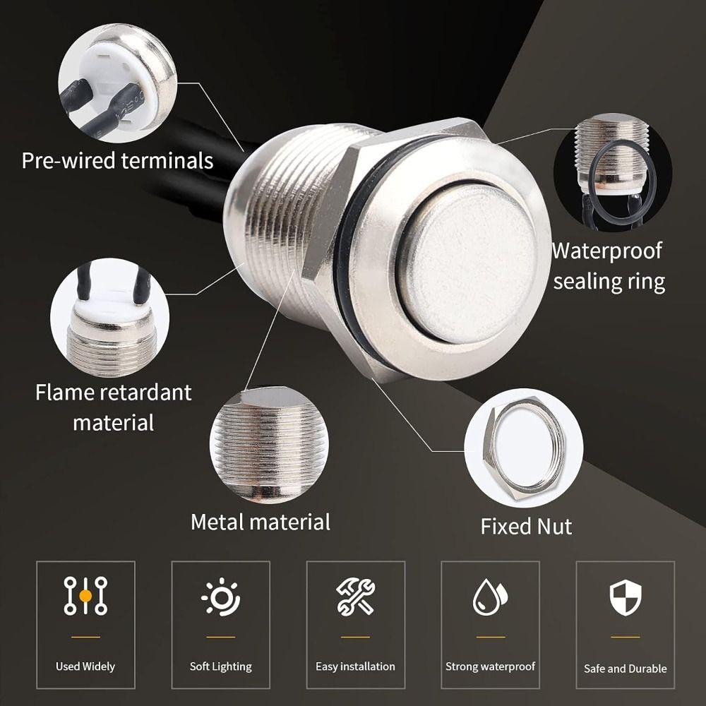 1/5pcs 12mm Momentary Push Button Switch Silver Shell with pre-Wiring  IP65 Waterproof Push Button Switch