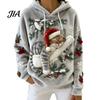 Christmas Party Outfit Women Cat Print Hoodie, Oversized Long Sleeve Pullover Sweatshirt, Daily Wear Sweatshirt Casual Loose Drawstring Hooded Top for
