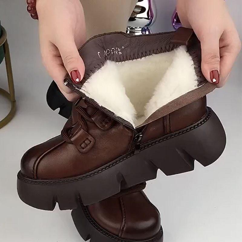 Женские зимние ботинки 2025 Зимняя новинка Платформа Хлопковая обувь Ретро Черный/Коричневый Круглый носок Шнуровка Молния Современные мотоциклетные ботинки