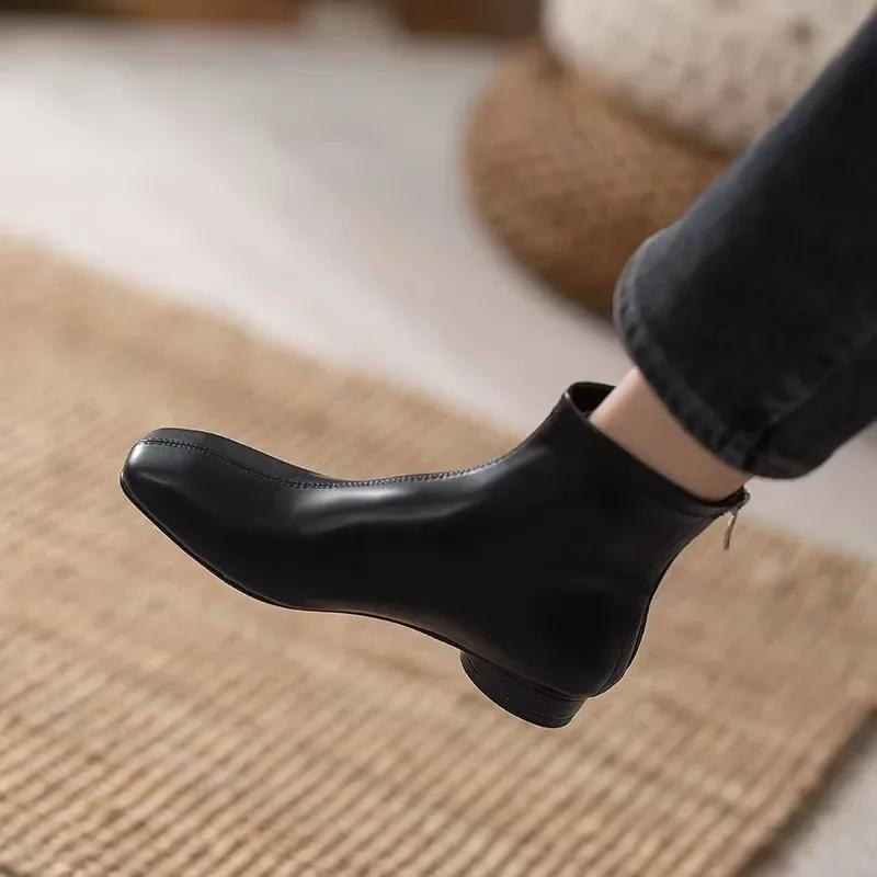 Women Soft Leather Ankle Boots Square Toe Round Mid Heel Zipper Fashion Short Boot Autumn Winter Ladies Shoes Beige Retro Boots