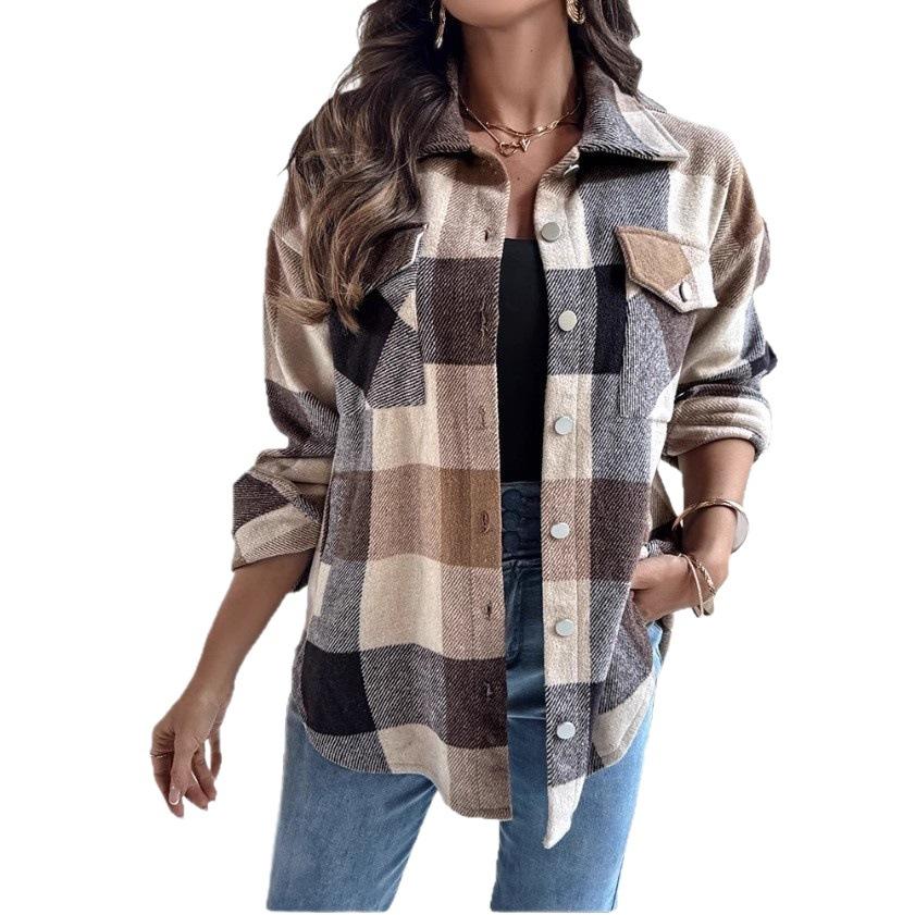 1116 autumn new lapel single-breasted plaid shirt