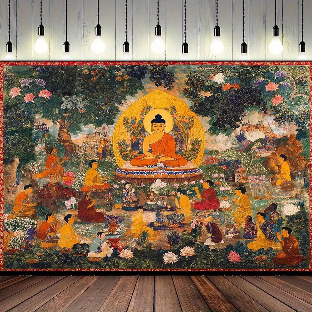 VIKAMA Buddhas Preaching Thangka Tapestry Lotus Garden Scene Wall Hanging For Prayer Room Tea Room Living Room Decor Cultural