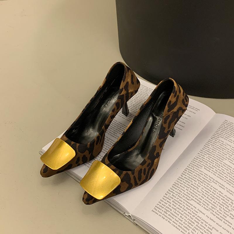 Suede Pointed High Heels Women's Versatile Light Mouth One-pedal Single Shoes Fashion Medium Heel Fine Heel Leopard Print Work Shoes Occupation