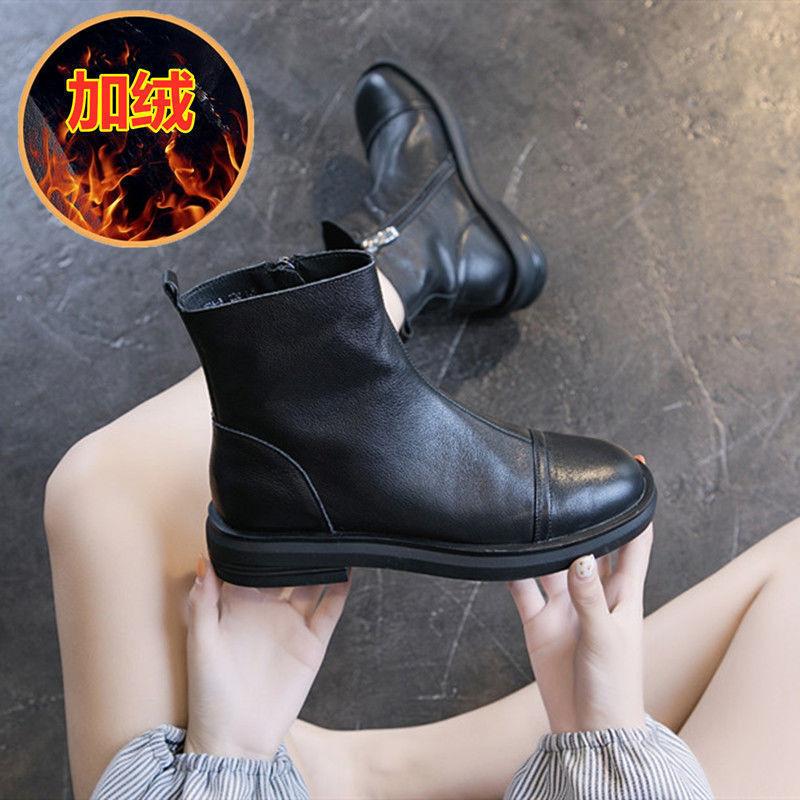 Low-top Leather Martin Boots Women's Autumn and Winter New Single Boots Casual Versatile Flat-bottomed Velvet Short Boots