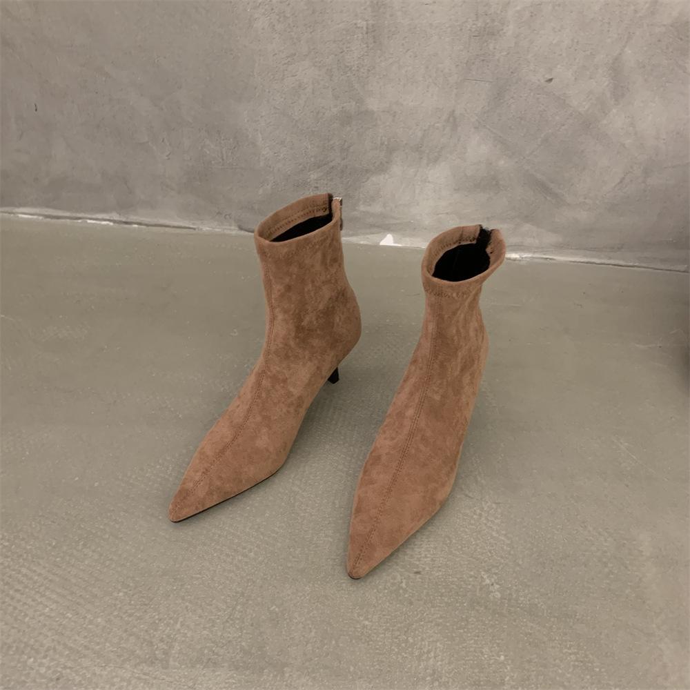 High Heel Pointed Head Temperament Suede Short Boots Women's Shoes Autumn and Winter Velvet Thin Heel Korean