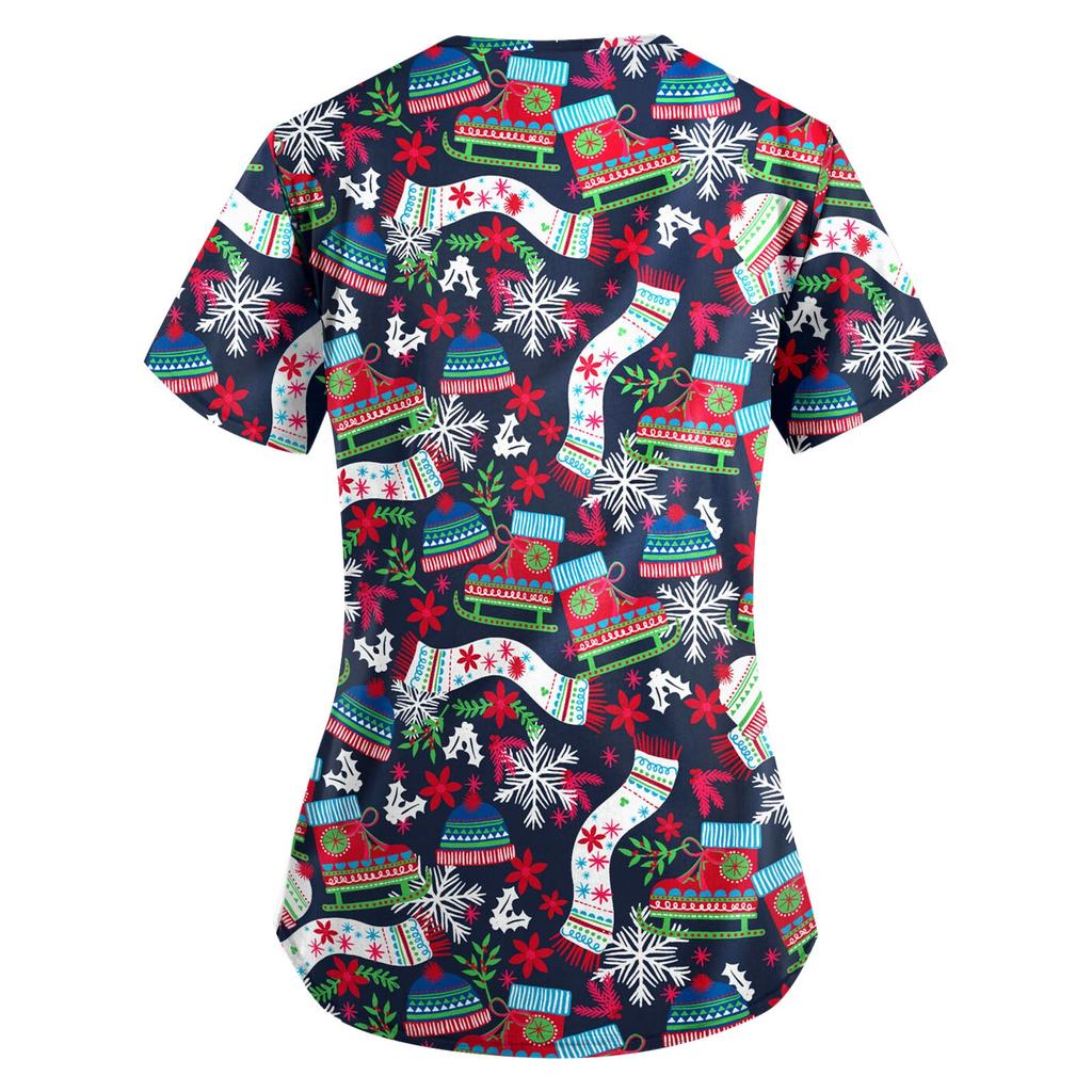 Женские топы с коротким рукавом и v-образным вырезом, рождественские топы с мультяшным рисунком, рабочие футболки с карманами, непозиционирующийся принт