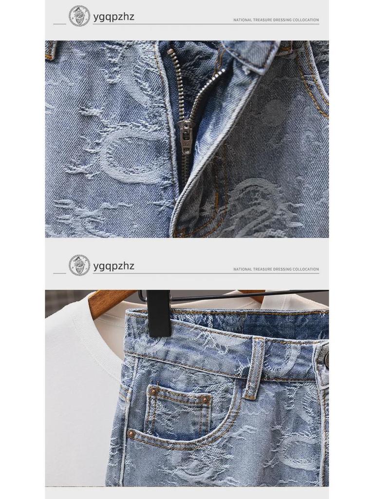 2024 Мужские модные свободные прямые джинсовые шорты: Молодежные бриджи средней длины