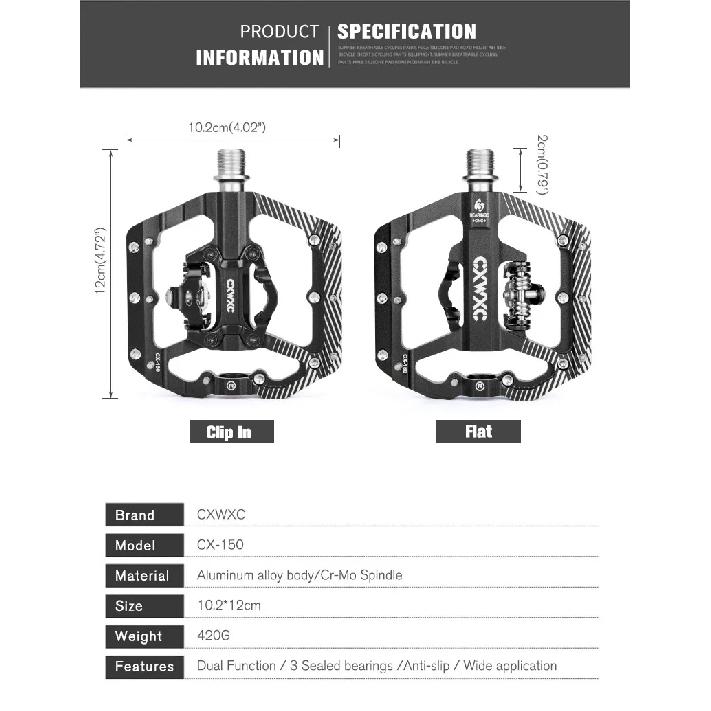 CXWXC Dual Function Platforms Flat / Clipless MTB Pedals SPD Cleats 3 Sealed Bearings Bike Pedals Road Bmx Pedals For Bicycle