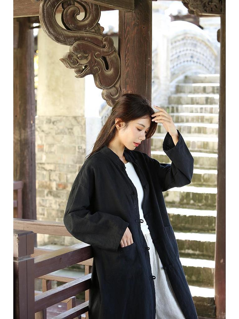 Women's Mid-Length Cotton Linen Cardigan - Retro Sand Washed