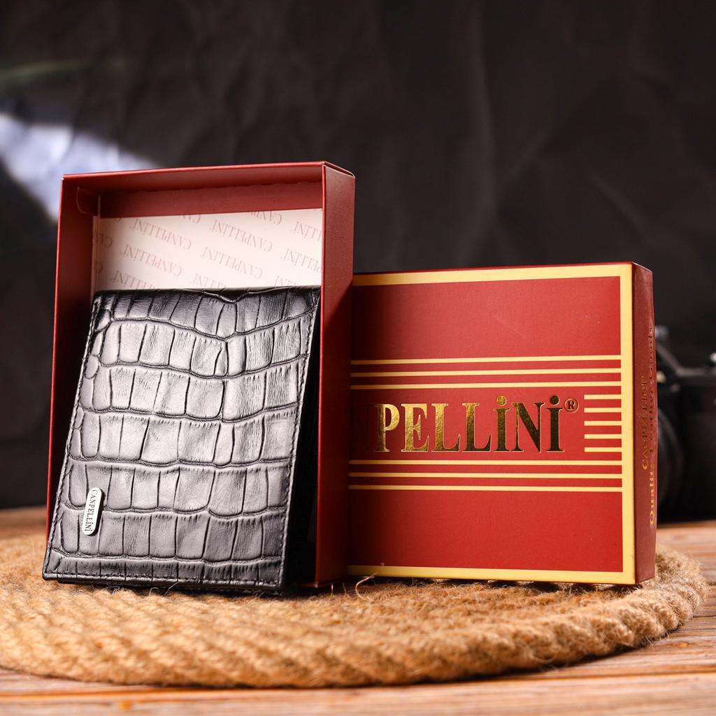 Оригинальный мужской кошелек в два сложения из натуральной фактурной кожи с тиснением под крокодила CANPELLINI Purse 21582 Черный