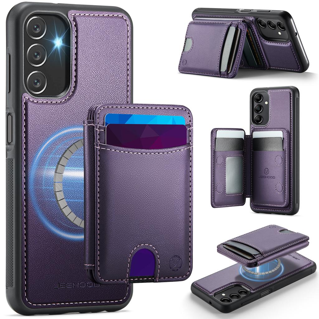 Для Samsung Galaxy A14 4G/Galaxy M44 5G/Galaxy A14 5G Магнитный чехол JEEHOOD J10 Кожаная задняя крышка телефона со съемным держателем для карт и подставкой