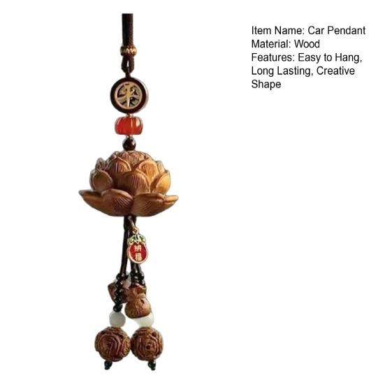 Wooden Pendant Car Ornament with Lanyard Easy To Hang Retro Engraved Lotus Car Pendant Rearview Mirror Decoration