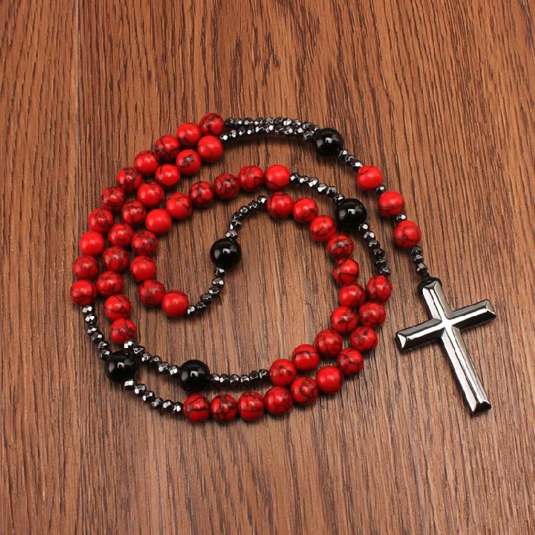 Красная Сосна Камень Розарий Ожерелья Гематит Крест Медитация Украшения Религиозный Подарок