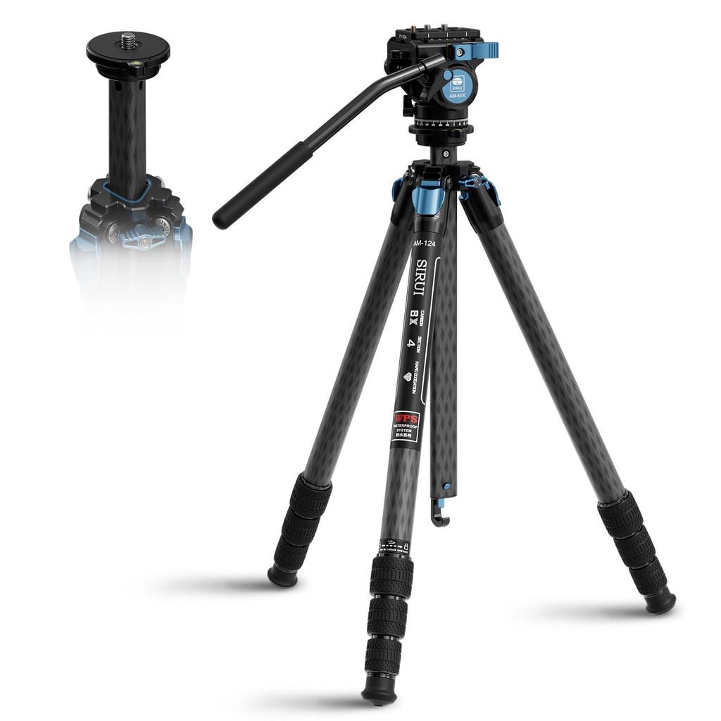 SIRUI AM124 Carbon Fiber Tripod with AM5V Video Compact Lightweight Travel Tripod for Triangular Center Load Capacity Lbs Head, Camera, DSLR, Pole,