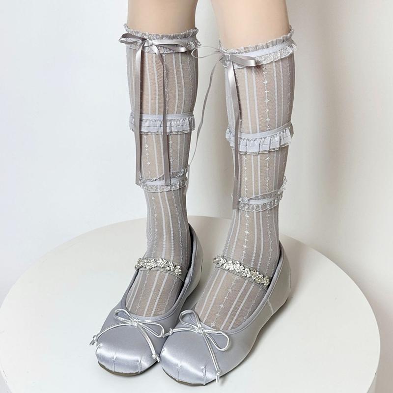 Летние Лолита Женские Носки Милые Трехслойные Оборки Кружево Сетчатые Чулки для Дам Тонкая Сетка Дышащие Высокие Носки с Лентами