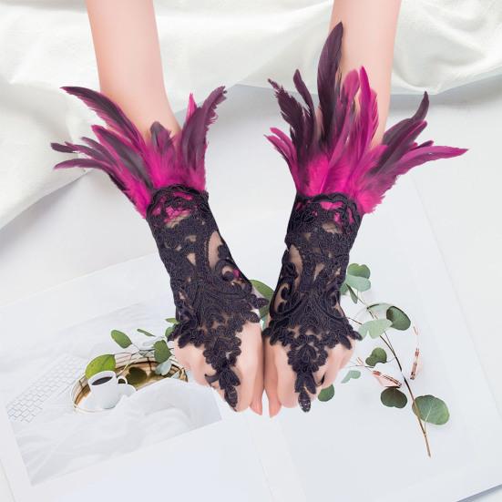 Women's Feather Wrist Cuffs Gothic Lace Feather Long Fingerless Gloves