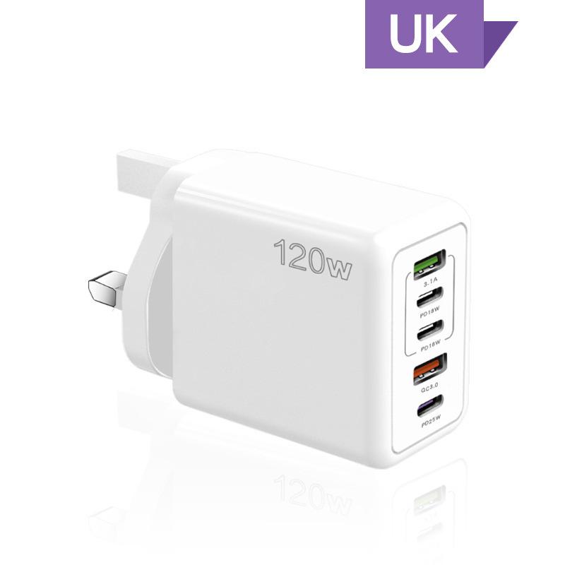 Многопортовое быстрое зарядное устройство 120 Вт, PD+USB, Type-C, EU/US/UK вилка, Совместимо с устройствами Apple.