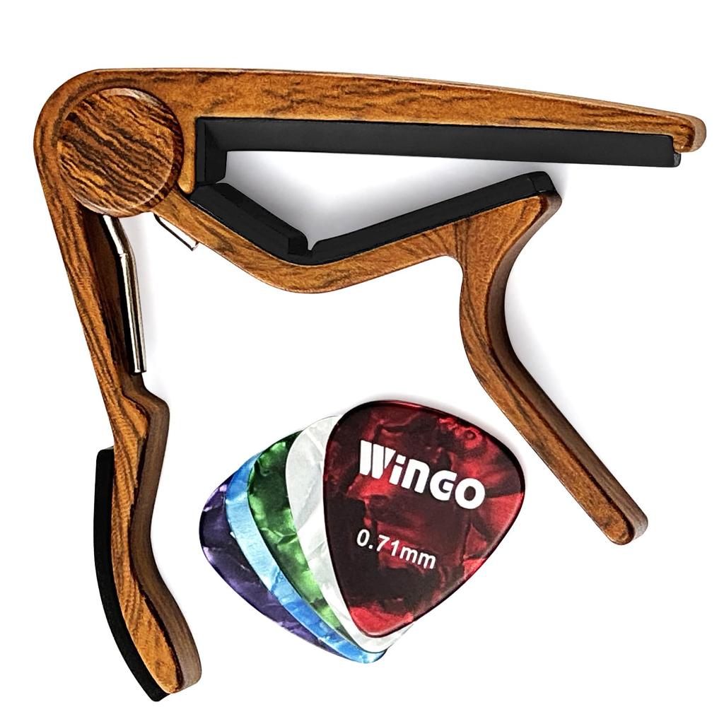 WINGO Classic Flat Guitar Capo for Classic Nylon String Guitar Grain 5 Picks (Wood Color) -
