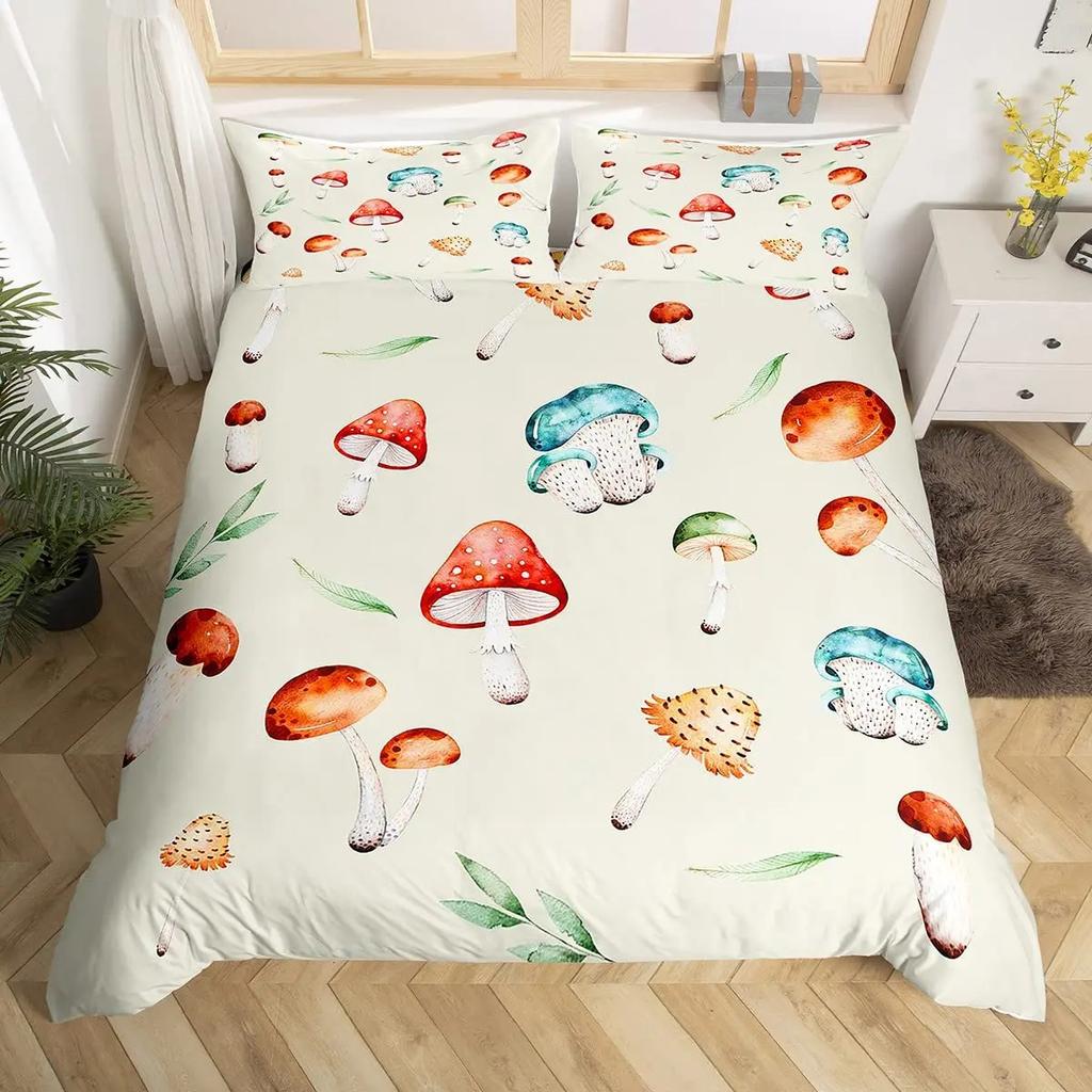 Mushroom Duvet Cover Set Burgundy Plant Fallen Leaves Bedding Set 2/3pcs For Boys Snail Print King Size Soft Comforter Cover