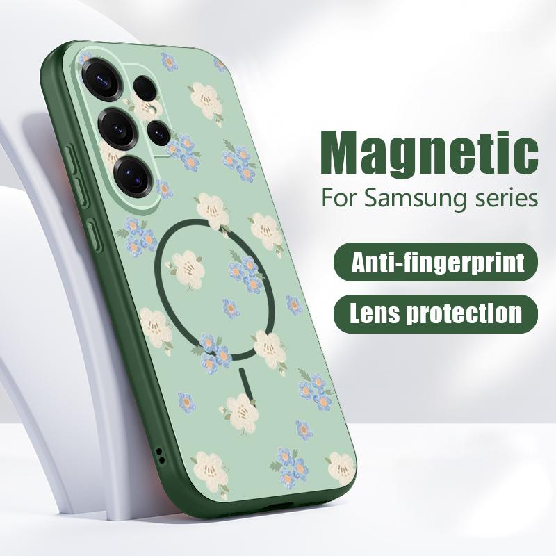 Магнитный Чехол Для Magsafe Для Samsung Galaxy S26 Ultra S25 Edge S24 Plus S23 FE S22 A54 A55 A56 5G Синий Цветочный Узор Матовый Чехол