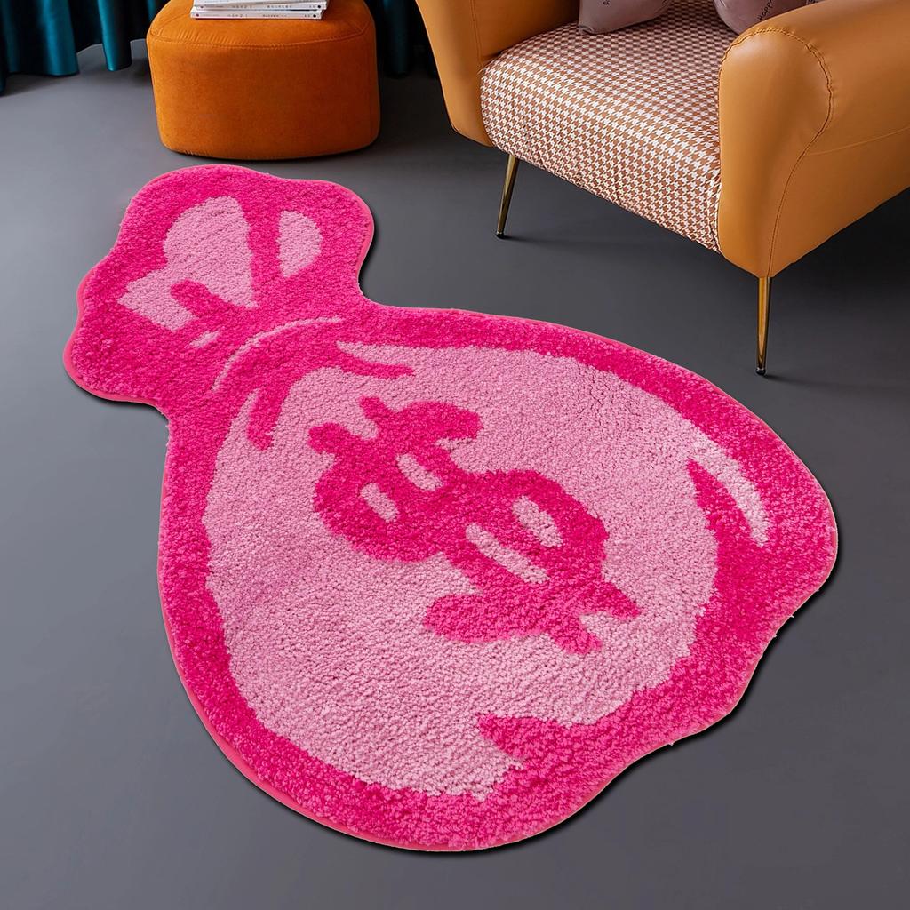 Kawaii Pink Cartoon Wallet Tufted Mat - Plush Shaggy Floor Rug for Bedroom/Gaming Room, Machine Washable Non-Slip Anime Decor with Irregular Shape