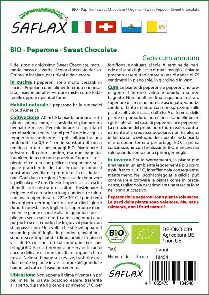 SAFLAX Garden in the Bag - Органический - Сладкий перец - Сладкий шоколад - 10 семян - С субстратом в подходящем пакете - Capsicum annuum