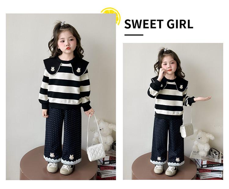 Girls' Striped Doll Collar Sweatshirt & Polka Dot Pants Set - Spring/Autumn 2025 Fashion for Small/Medium Children