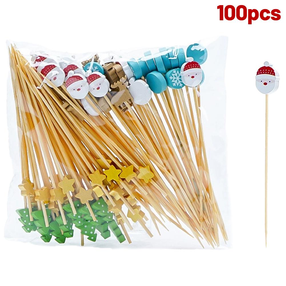 100pc Christmas Bamboo Skewers Disposable Cocktail Picks Dessert Toothpicks Fruit Sticks Merry Christmas Cupcake Cake Decor
