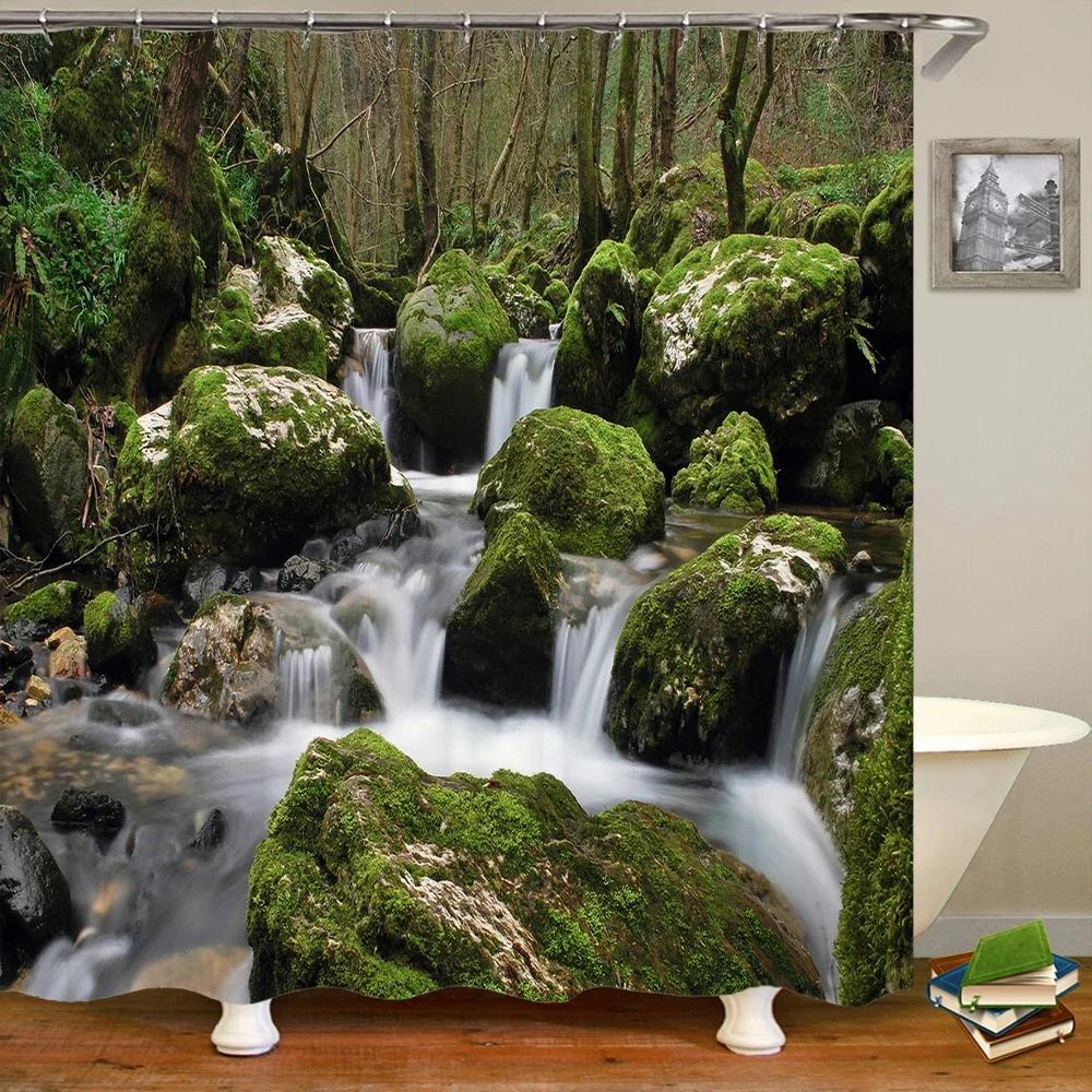 3D Natural Landscape Waterfall Forest Printed Bathroom Shower Curtain Polyester Waterproof Curtain With Hook Home Decor Curtain