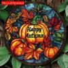 2d Flat 20*20cm, Autumn Decoration, Hello Autumn, Autumn Harvest Maple Leaves Pumpkin Wooden Circular Logo, for Home, Cafe, Bedroom, Office Wall Decor