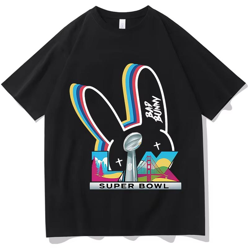 Футболки Bad Bunny Super Bowl с коротким рукавом, 100% хлопок, с круглым вырезом, модные футболки, одежда для мужчин и женщин, унисекс, уличная одежда, хип-хоп топы