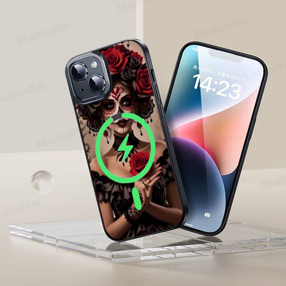 Чехол для телефона Catrina Красивая Девушка Роза Череп Магнитный Чехол Для iPhone 17 16 15 14 13 12 11 Для Magsafe Беспроводная Зарядка Чехол
