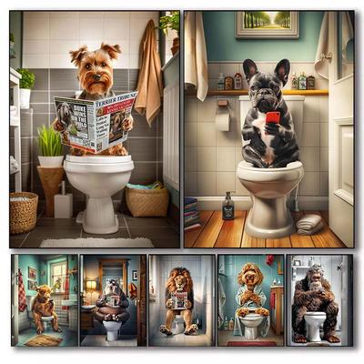 Современный лев, собака, хайленд, сидящая на унитазе и читающая газету, плакат, забавный принт с животными, картина на холсте, декор для ванной комнаты, картина