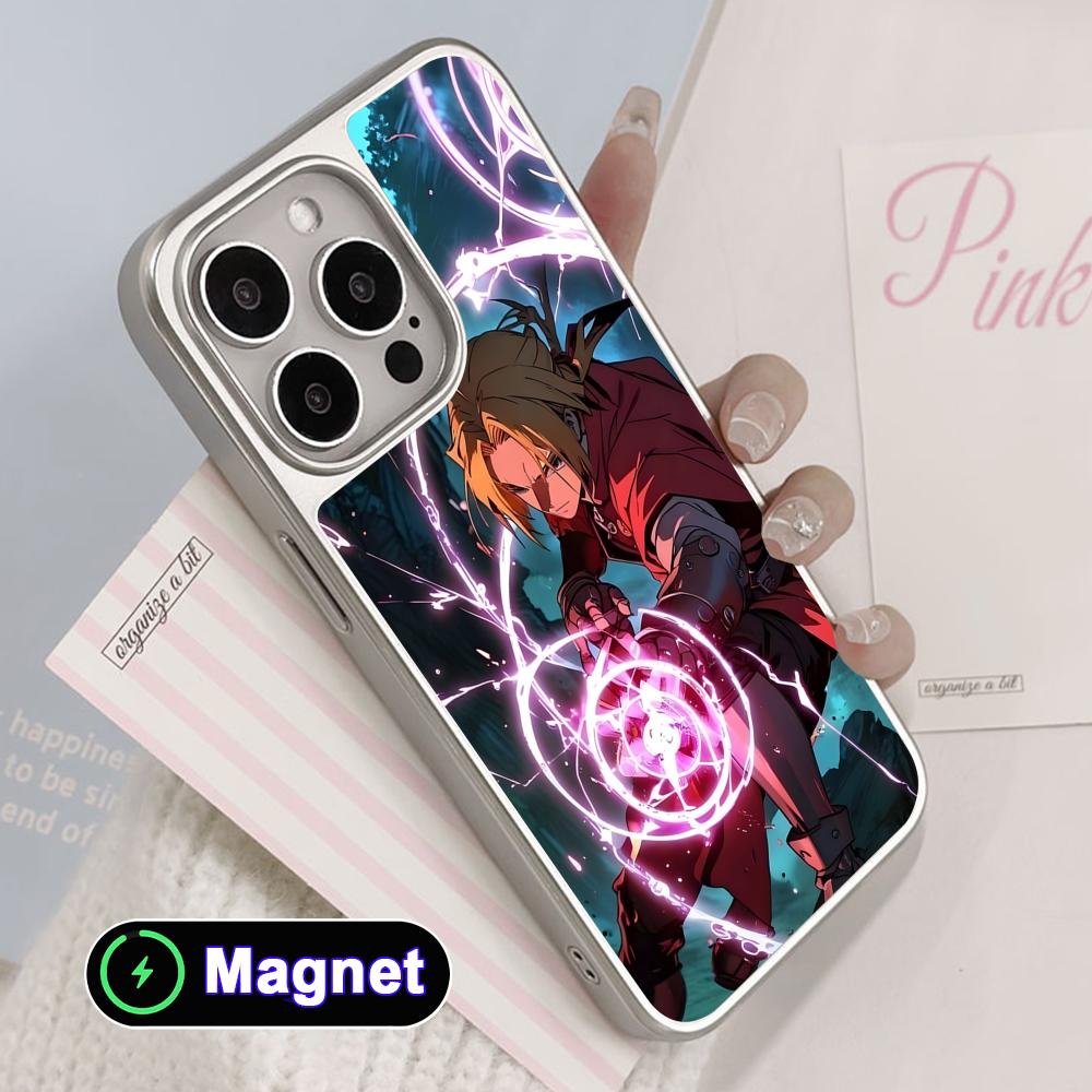 Fullmetal Edward Elric Phone Case for iPhone 17 16 15 14 13 12 11 Air Pro Max Plus Electroplated Silver Magsafe Cover