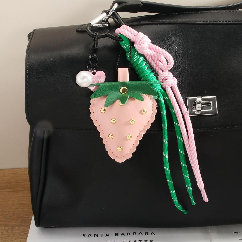 Woven Flower Strawberry Bag Pendant Braided Rope Fruit Keychain Lovely PU Leather Pendant Women