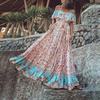 Women's Summer Bohemian Printed Waist V-Collar Chiffon Beach Long Dresses
