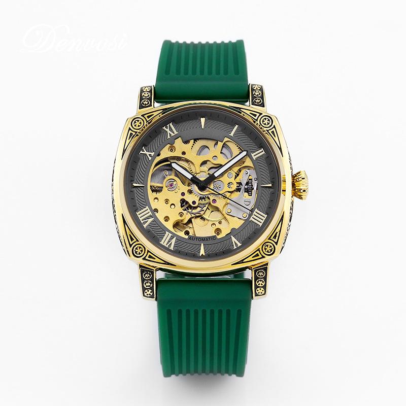 Fully Automatic Mechanical Watch Square Transparent Bottom Watch Men's Mechanical Night Light Men's Hollow Silicone Tape Watch
