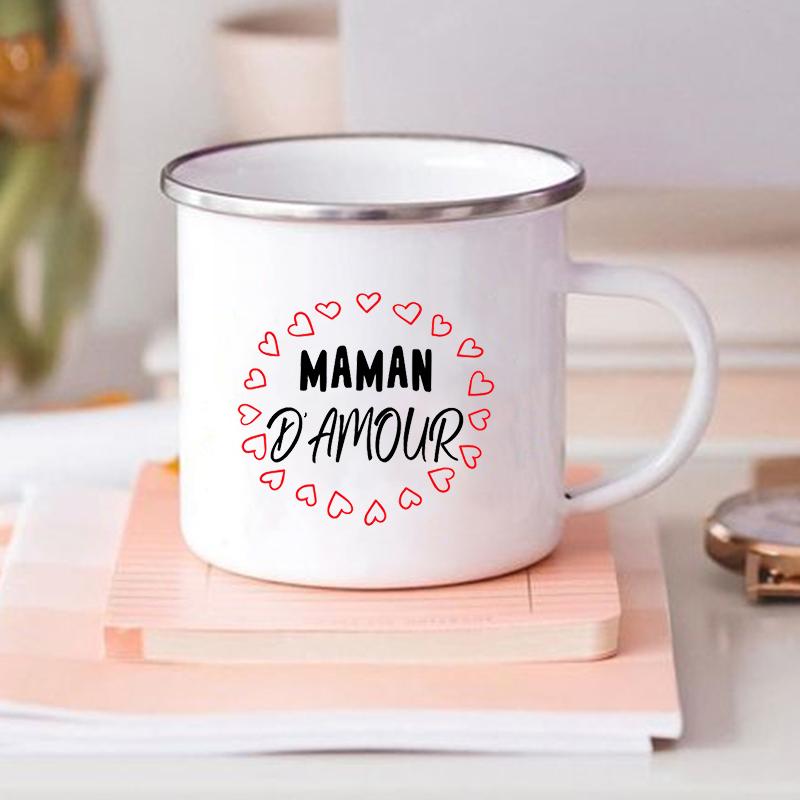 French Flower Maman Printed Mugs Enamel Mug Creative Coffee Cups Drinks Water Milk Cup Home Handle Drinkware Best Mother Gifts